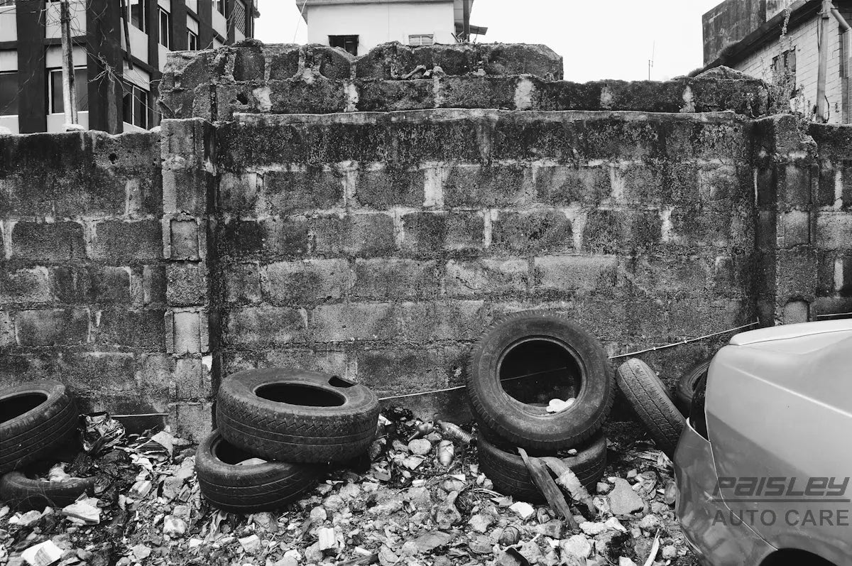 black car tire on gray concrete wall