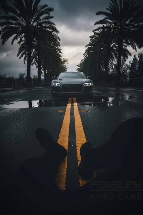 a car driving down a wet road next to palm trees