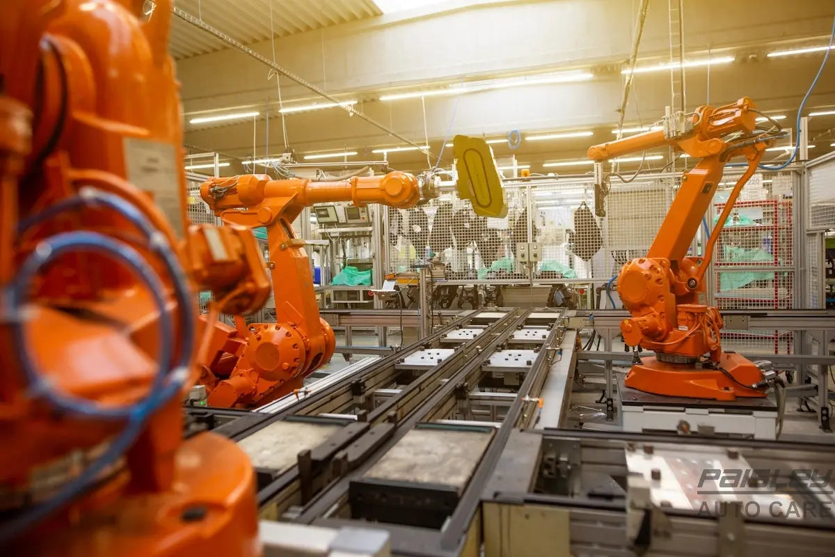 a factory filled with lots of orange machines