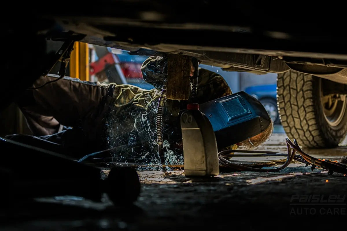 person fixing part of vehicle