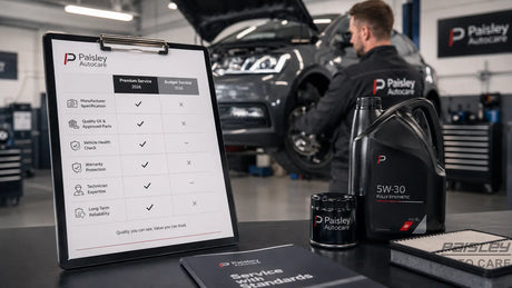 Paisley Autocare technician carrying out a vehicle MOT and service inspection in a professional garage workshop.