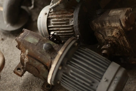 Several old, rusty electric motors piled together.